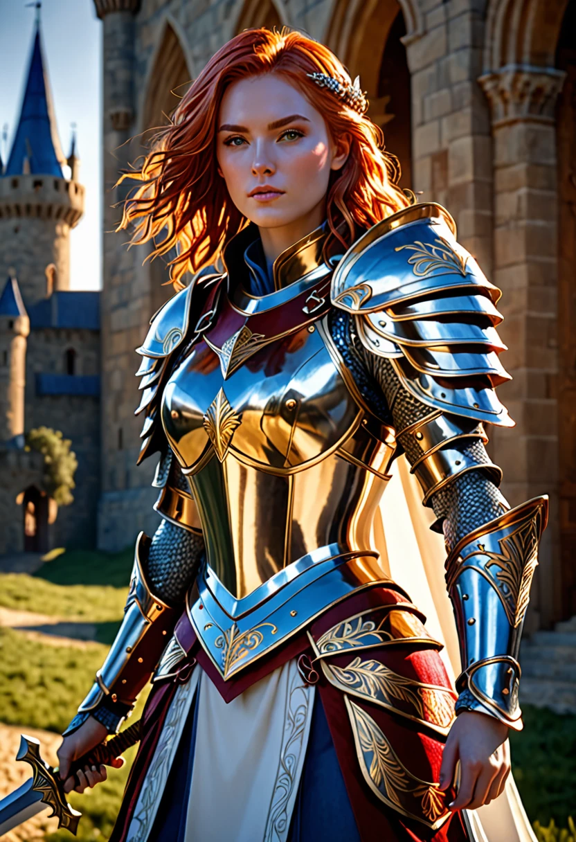 (master piece:1.5), (best quality:1.5), (exquisite lighting and shadow, highly dramatic picture, cinematic lens effect) (Photorealistic picture) (Card game image) 8k, wallpaper, dynamic pose, full body female red gold hair paladin girl wearing an intricate elaborate blue armor with white ornaments, white long cape, holding a sword, holding a shield, field with big tower at the distance, ethereal lighting, sharp focus, highly detailed, realistic, cinematic lighting, studio quality
