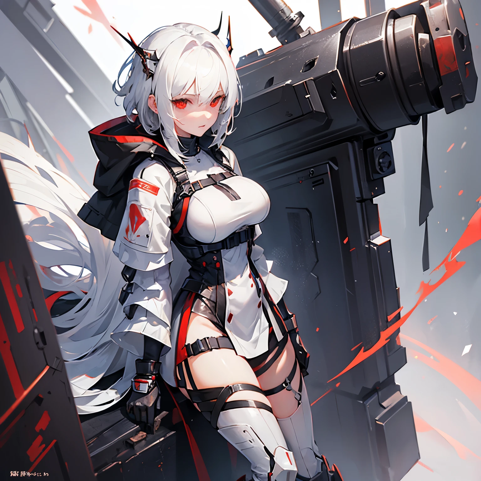 1 girl, tie up hair, left side swept hair, long gray hair, red eyes, innocent smile, black mech armor, cool and sexy face, black thigh knee sock, 8, Sharp face, Yellow ribbon at the ear, battlefield, outside, head bondage, black steel boot, standing, , modernia, massive cannon, one person, alone, 1 head, 2 hands, 2 legs