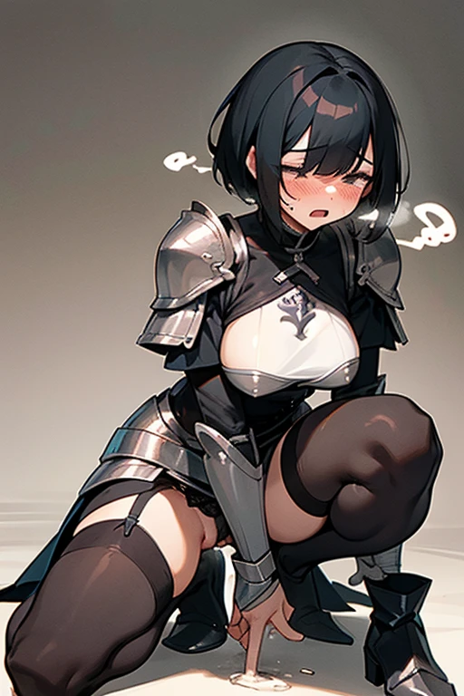 Only One Woman、Black Hair、short hair、Large Breasts、female knight、Wearing black armor、Wearing stockings、garter belt、Is urinating、Leaning forward、Align inner thighs、Crouching、Place your hands on your crotch、Close ~ eyes、Embarrassing、shortness of breath、Open your mouth、Watery eye、Blushed face、Spilling urine