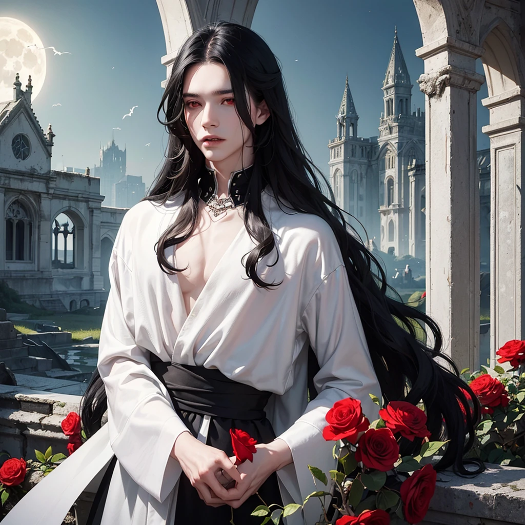 Young man, man, effeminate face, long wavy black hair, black clothes, red eyes, white flowers and red flowers, modern clothing, really pale white skin, greenery, ruin, bat, abandoned place, light, BLOOD, moon, whole body, ruined castle, ruined building, moonlight, detailed face, detailed hair, detailed eyes, vampire, ONE PERSON.