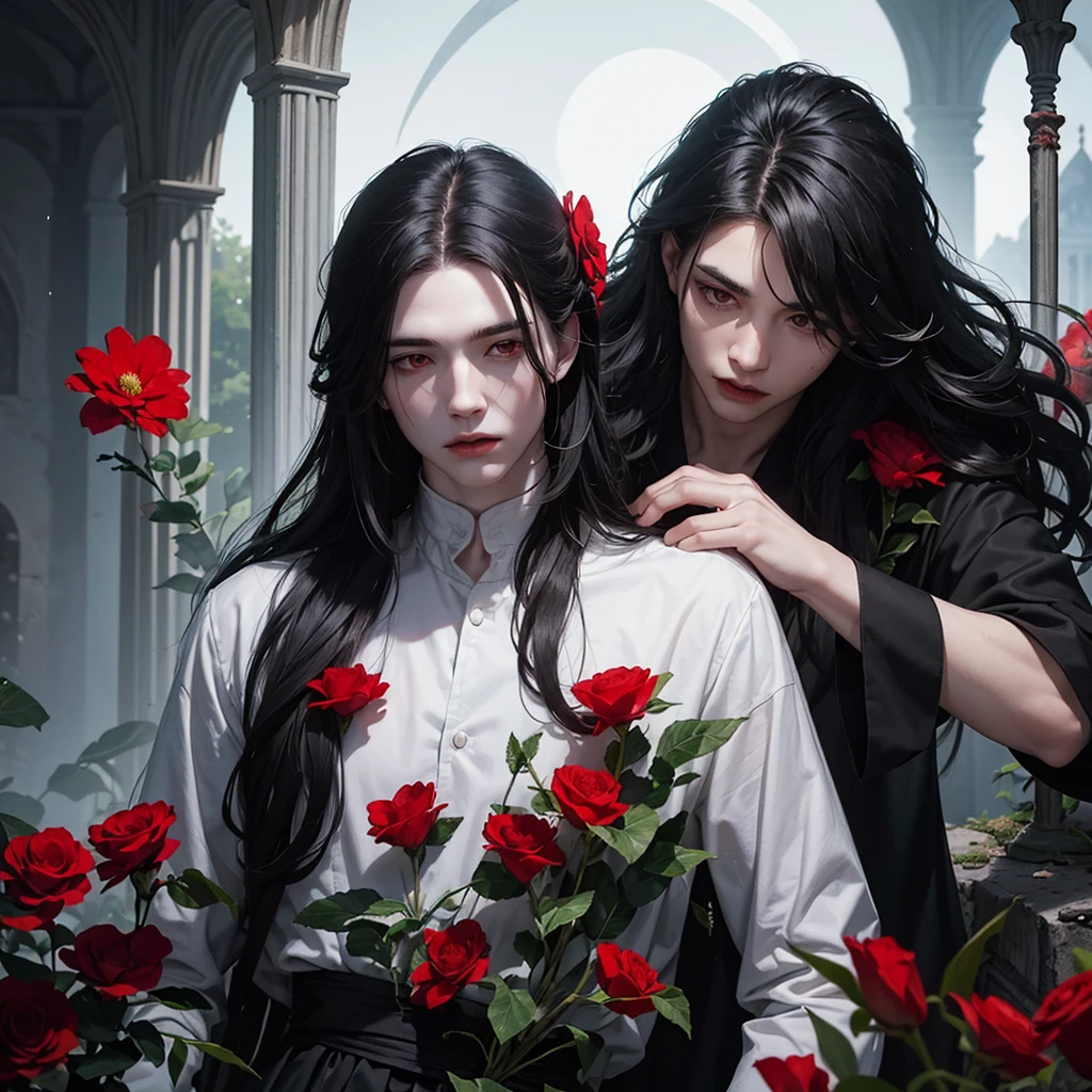 Young man, man, effeminate face, long wavy black hair, black clothes, red eyes, white flowers and red flowers, modern clothing, really pale white skin, greenery, ruin, bat, abandoned place, light, BLOOD, moon, whole body, ruined castle, ruined building, moonlight, detailed face, detailed hair, detailed eyes, vampire, ONE PERSON.