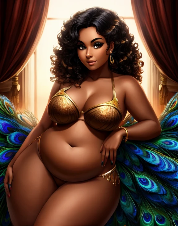  curvaceous yet chubby peacock Demi human woman with tanned brown skin, curly black hair with blonde streaks, brown eyes with long thick lashes, peacock feathers 