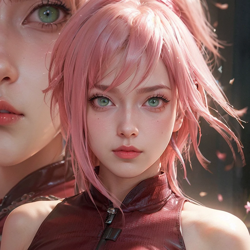 Young, tall woman, slender body, porcelain skin, short pale pink hair, heart-shaped face, wide forehead with a purple rhombus, thin pink eyebrows, large jade green eyes, long eyelashes, buttoned nose, large pink lips , red kimono clothes, black gloves, sword, forest, Sakura Haruno, 3d