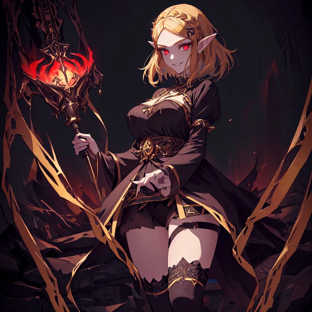 (zelda totk reimagined as a corrupted dark queen by ganon  )+++, sfw++,masterpiece, best quality, high quality, illustration, film grain,(perfect female )++, beautiful detailed eyes,  (symbol of evil:1.2),milf zelda, lascivious woman, (evil smile:1.1), (villain, dark heroine:1.2), (perfect female proportions:1.1), (seductive eyes:1.2), eyeliner, mascara, sexy makeup, (seductive smile:1.2), (mature woman:1.4),masterpiece, best quality, high quality, illustration, film grain, 1girl, (glowing evil red eyes), evil grin, crazy eyes, (high resolution, masterpiece, ultra best quality, insanely amazing hyper fine extremely detailed, official:1.4) dark heroine anime girl with short hair in a dark and evil place, extremely detailed artgerm, (official:1.4), dynamic composition, (solo girl:1.4), {sfw}, masterpiece, ultra-detailed, iconic attack, dominatrix, spiked collar, dark kingdom, bad end, 1girl, solo female, solo focus, mature female, standing, full body, looking at viewer, dark zelda totk, dark queen, evil, corruption, contrapposto, mind break, blond hair, (short hair:1,5), evil smile, lips, eyelashes, evil grin, dark aura, thigh_clothes, ,alternate costume, bdsm, (intricate details:1.12), (intricate details, hyperdetailed:1.15), hdr, dungeon, (at night:1.2), fireplace, warm light, dramatic light, cinematic,creepy dungeon, dark aesthetic, goth aesthetic, creepy, ominous background, dark atmosphere, death atmosphere, green and red atmosphere, evil dungeon background, gothique, faint darkness, ((red glow crotch tattoo)), 