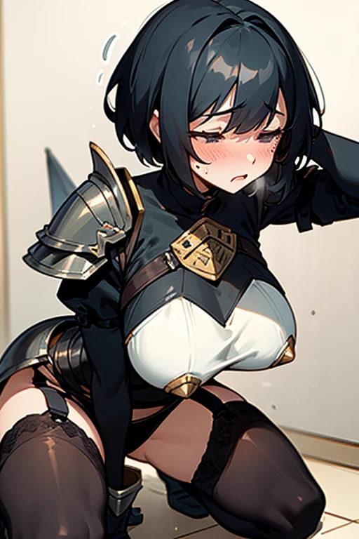Only One Woman、Black Hair、short hair、Large Breasts、female knight、Wearing black armor、Wearing stockings、garter belt、Is urinating、Leaning forward、Align inner thighs、Crouching、Place your hands behind your head、Close ~ eyes、Embarrassing、shortness of breath、Open your mouth、Watery eye、Blushed face、Spilling urine