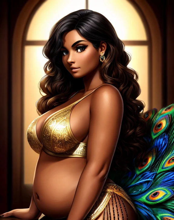 curvaceous yet chubby peacock Demi human woman with tanned brown skin, curly black hair with blonde streaks, brown eyes with long thick lashes, peacock feathers