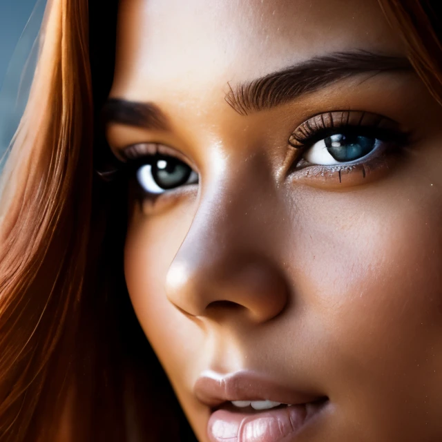 close up shot portrait photo of a brave and determined 26 years old influencer woman, light skin, natural red hair tending towards brown medium long and voluminous, penetrating gaze and honey-colored eyes, natural lighting, shot with Canon EOS 5D Mark IV