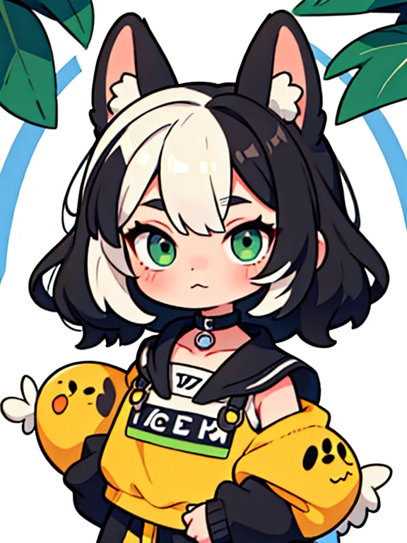1 chica, :3, animal_orejas, golpes, negro_Fondo, negro_chaqueta, rubor, cen, cen_orejas, gargantilla, escote, cerrado_boca, clavicle, Cejas_visible_through_cabello, verde_eyes, cabello_entre_eyes, chaqueta, sarashi, corto_cabello, plata_cabello, solo, relleno_animal, relleno_toy, , heterochromia,