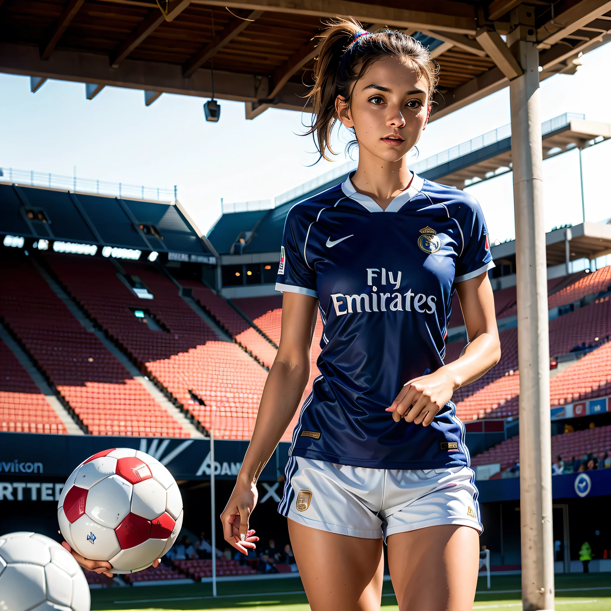 hyperrealism, 1girl hot (photorealistic:1.2), (photorealistic light:1.3), masterpiece, best quality, perfect detail, professional photo, realistic photo, raw photo, realistic style, detailed face, young girl, brunette,  beautiful face, ponytail, fitness build  , ((soccer uniform)), Real Madrid T-shirt high detals and shorts, standing on a stadium, looking at the spectator, play with ball