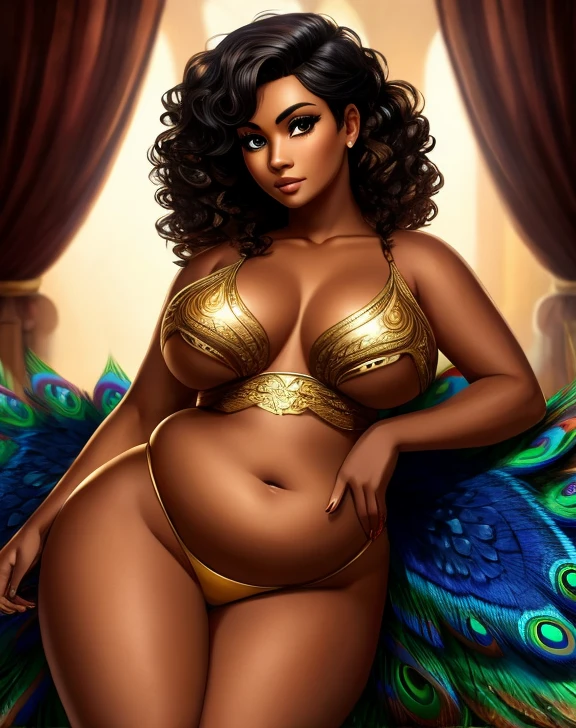 A beautiful black woman in a golden dress with thick thighs and bloated belly, cleopatra, black power, moan, weight conscience, embarassment, perky smile