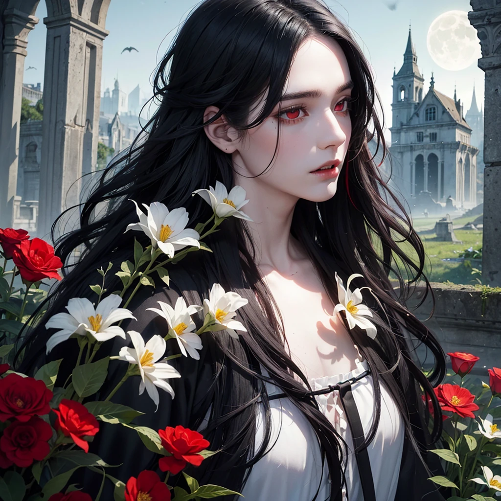Young man, man, effeminate face, long wavy black hair, black clothes, red eyes, white flowers and red flowers, modern clothing, really pale white skin, greenery, ruin, bat, abandoned place, light, BLOOD, moon, whole body, ruined castle, ruined building, moonlight, detailed face, detailed hair, detailed eyes, vampire, ONE PERSON.