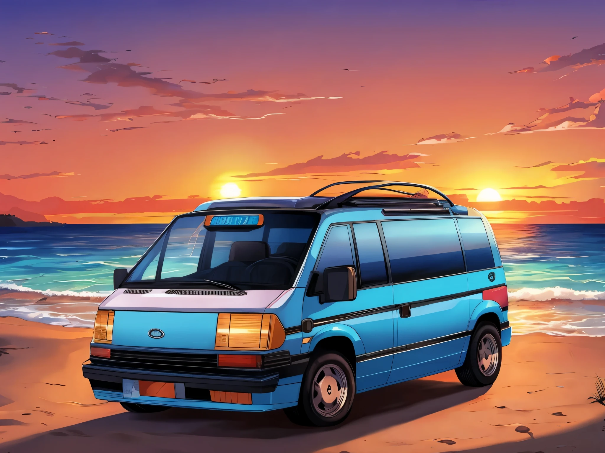 microbus, parked microbus, sunset, beach, 80s style landscape,(by cervina)