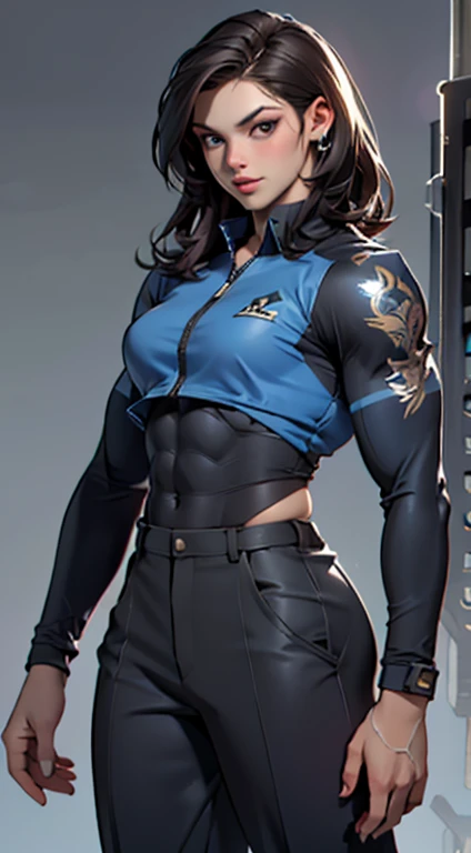 11:23(((Best quality: 1.4))),(Unbeatable masterpiece), (hyper HD),(Hyper-realistic 8k CG)、（dark colored hair） ((( body))), (((1 bodybuilder woman in))), 25-year-old American woman soldier with perfect bodybuilder body, Beautiful and well groomed face,muscular body:1.2, Solid royal blue siut with details, (Pictures from head to thighs)， Complex equipment, royal blue，long trousers，The clothes inside are dark，Clothes with armored metal electronic parts, Poison tattoos )