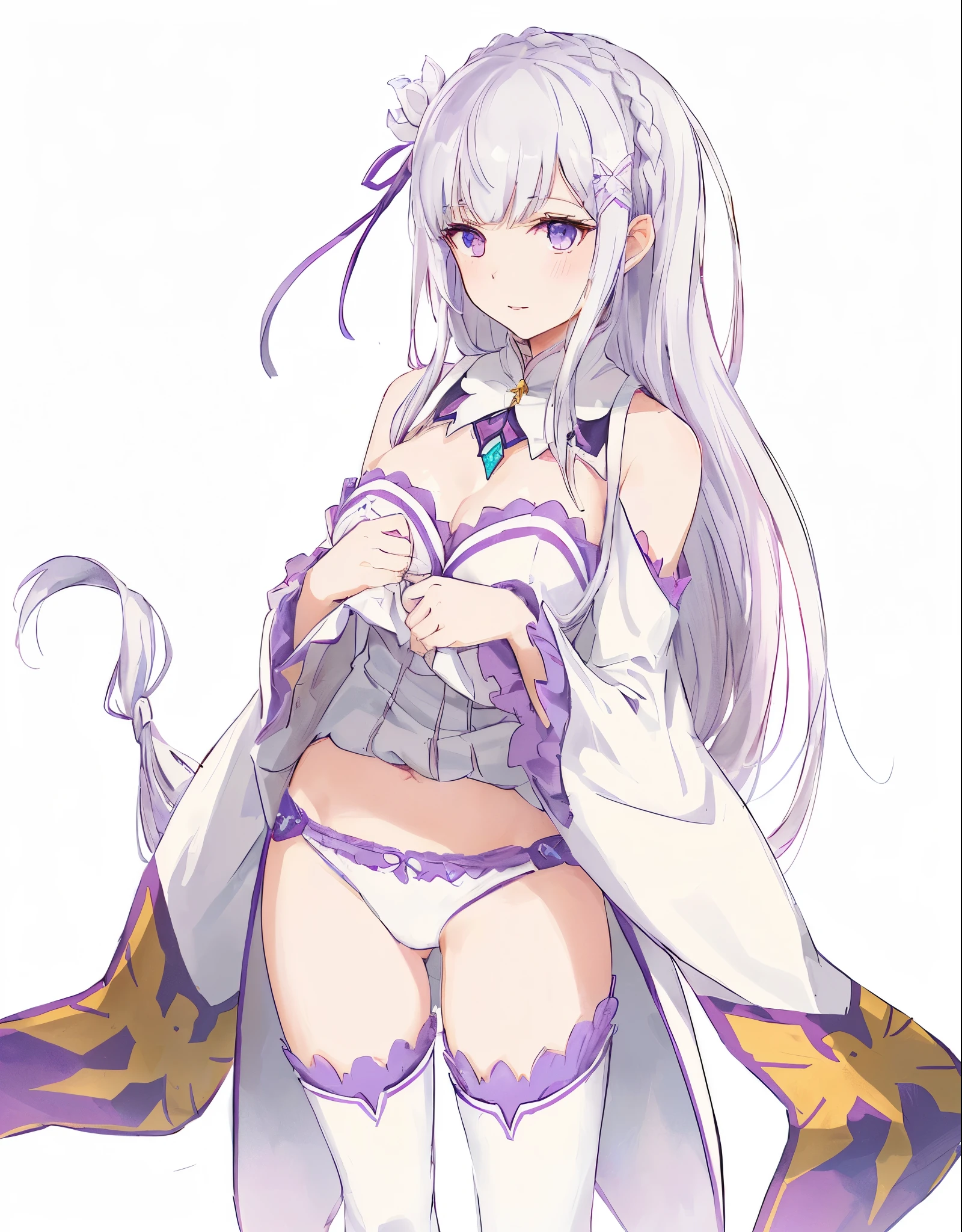 Emilia re:zero, purple eyes, Emilia, crown braid, x hair ornament, flower hair ornament, white hair, long hair, medium , anime girl with long white hair and purple outfit posing, white haired deity, seductive anime girl, ((wearing aristocrat robe)), beautiful alluring anime woman, cute anime waifu in a nice dress, anime goddess, ayaka genshin impact, white-haired, white haired, full body white purple cloak, female anime character, render of april, portrait knights of zodiac girl