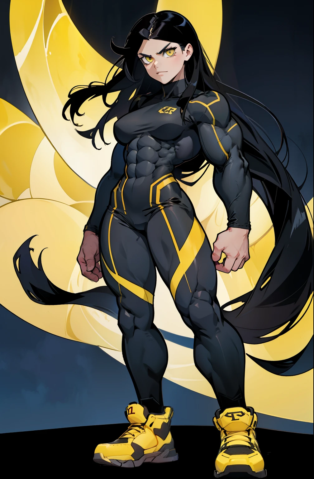 (((((1 girl))))), black hair, yellow eyes, very long hair, ((((((muscular)))))), tall, pale skin, bodysuit, ((full body)), (solo)