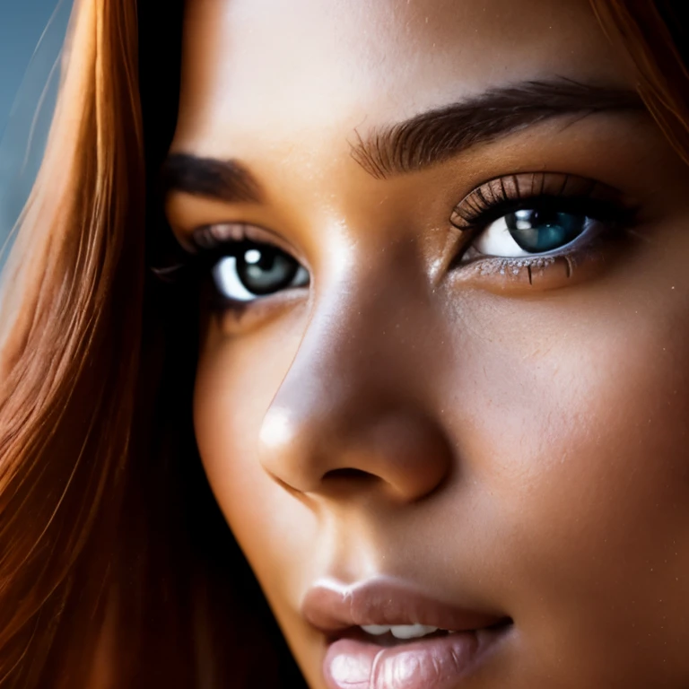 close up shot portrait photo of a brave and determined 26 years old influencer woman, northern europe, very light skin, natural red hair tending towards brown medium long and voluminous, penetrating and magnetic gaze and honey-colored eyes, natural lighting, shot with Canon EOS 5D Mark IV