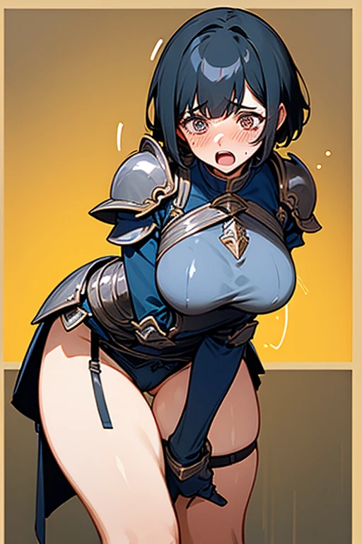 Only One Woman、Black Hair、short hair、Large Breasts、female knight、Wearing black armor、Wearing stockings、garter belt、Is urinating、Leaning forward、Align inner thighs、Crouching、Place your hands behind your head、Embarrassing、shortness of breath、Open your mouth、Watery eye、Blushed face、Spilling urine、Front of the body