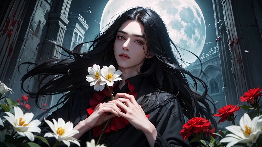 Young man, man, effeminate face, long wavy black hair, black clothes, red eyes, white flowers and red flowers, modern clothing, really pale white skin, greenery, ruin, bat, abandoned place, NIGHT, BLOOD, blood on the lips, moon, moonlight, dark, darkness, beautiful, whole body, ruined castle, ruined building, moonlight, detailed face, detailed hair, detailed eyes, vampire, ONE PERSON.