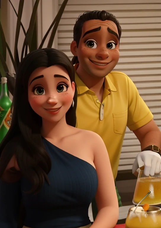 duas garotas sorrindo numa festa a noite com algumas bebidas ao fundo