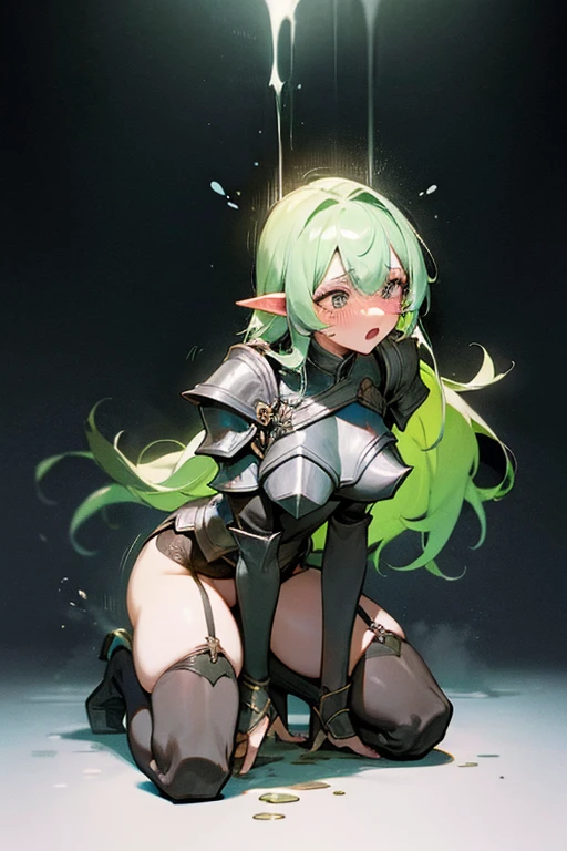 Only One Woman、Light green hair、Long Hair、Sharp, pointed ears、Large Breasts、female knight、Wearing black armor、Wearing stockings、garter belt、Is urinating、Leaning forward、Align inner thighs、Crouching、Place your hands behind your head、Embarrassing、shortness of breath、Open your mouth、Watery eye、Blushed face、Spilling urine、Front of the body