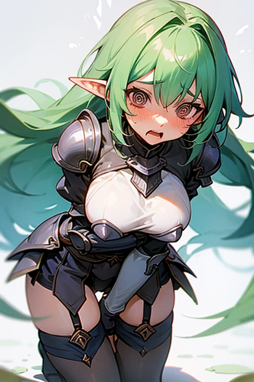 Only One Woman、Light green hair、Long Hair、Sharp, pointed ears、Large Breasts、female knight、Wearing black armor、Wearing stockings、garter belt、Is urinating、Leaning forward、Align inner thighs、Crouching、Place your hands behind your head、Embarrassing、shortness of breath、Open your mouth、Watery eye、Blushed face、Spilling urine、Front of the body