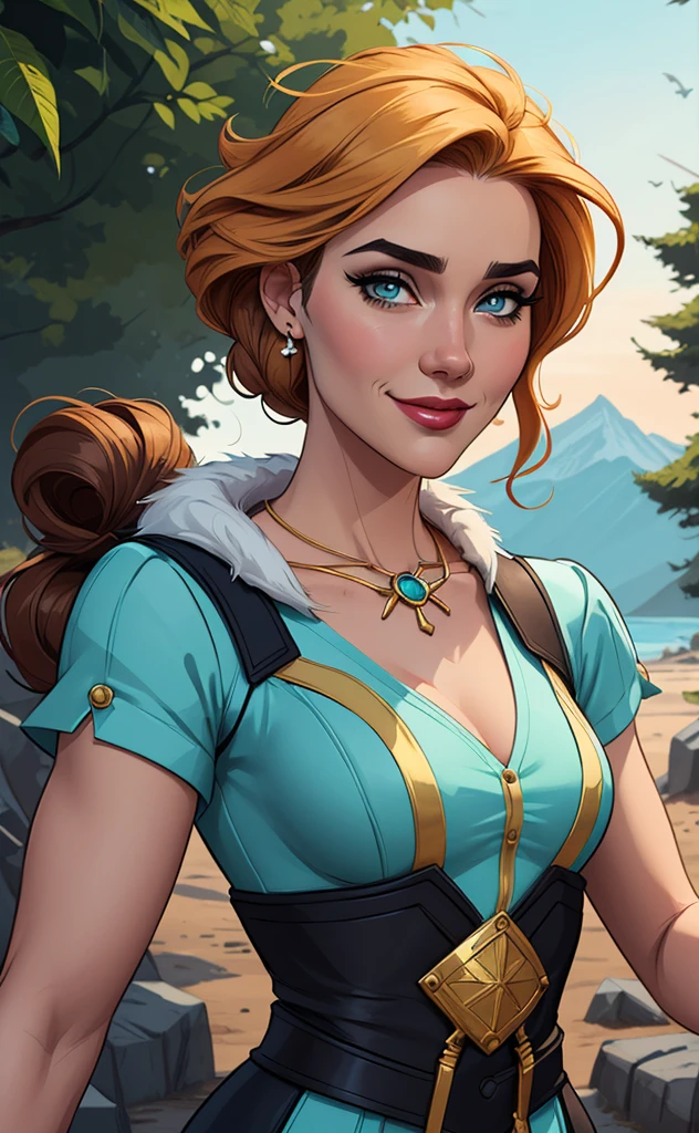 Personagem mulher estilo atompunk Fiona rainha Anna de Arendelle com marcas de guerras Imagem de desenho animado de uma mulher .Ilustra??o estilo desenho animado, estilo de arte dos desenhos animados, estilo de arte dos desenhos animados, digital illustration style, estilo atompunk design de personagens altamente detalhado, arte digital detalhada coragem, Forest fan art, Design de personagens de retrato, beautiful digital illustration, retrato de alta qualidade, Arte em quadrinhos, mulher jovem cabelo com transas lindas . Queen Anna of ArendelleBeautiful lined eyes Medium large bust and wonderful sexy clothes. image expression of sexual desire from waist to head illustration Queen Anne of Arendelle atompunk style Fallout 4 style pose playboy magazine sensual witch Character cartoon style facial expression happy beautiful smile and six medium small portrait mode waist up with lots of gold around her other stones portrait precious mode waist up queen of the south Jennifer Connelly GTA scenery dominatrix gold coins chest with jewelry with her boyfriend, um homem com barba preta, armado com um estilo militar,