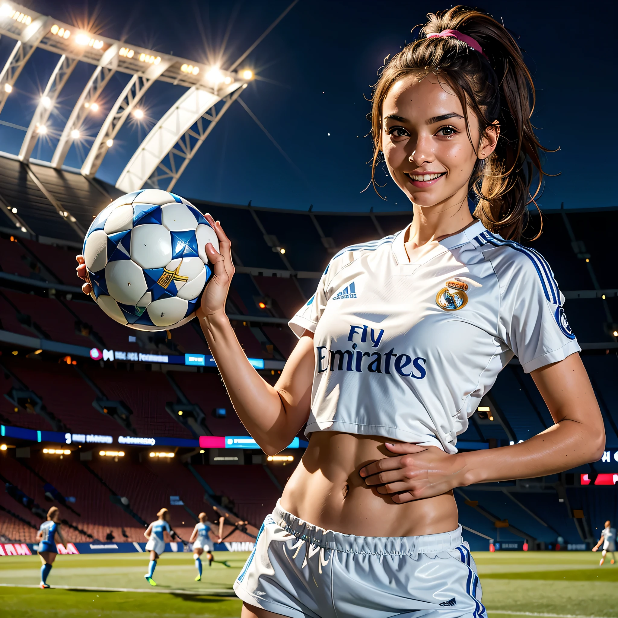 hyperrealism,  singiel girl hot (photorealistic:1.2), (photorealistic light:1.3), masterpiece, best quality, perfect detail, professional photo, realistic photo, raw photo, realistic style, detailed face, young girl, brunette,  beautiful face, ponytail, fitness build  , ((soccer uniform)), Real Madrid T-shirt high detals and shorts, standing on a stadium, looking at the spectator, smiling holding trophy of champions League 