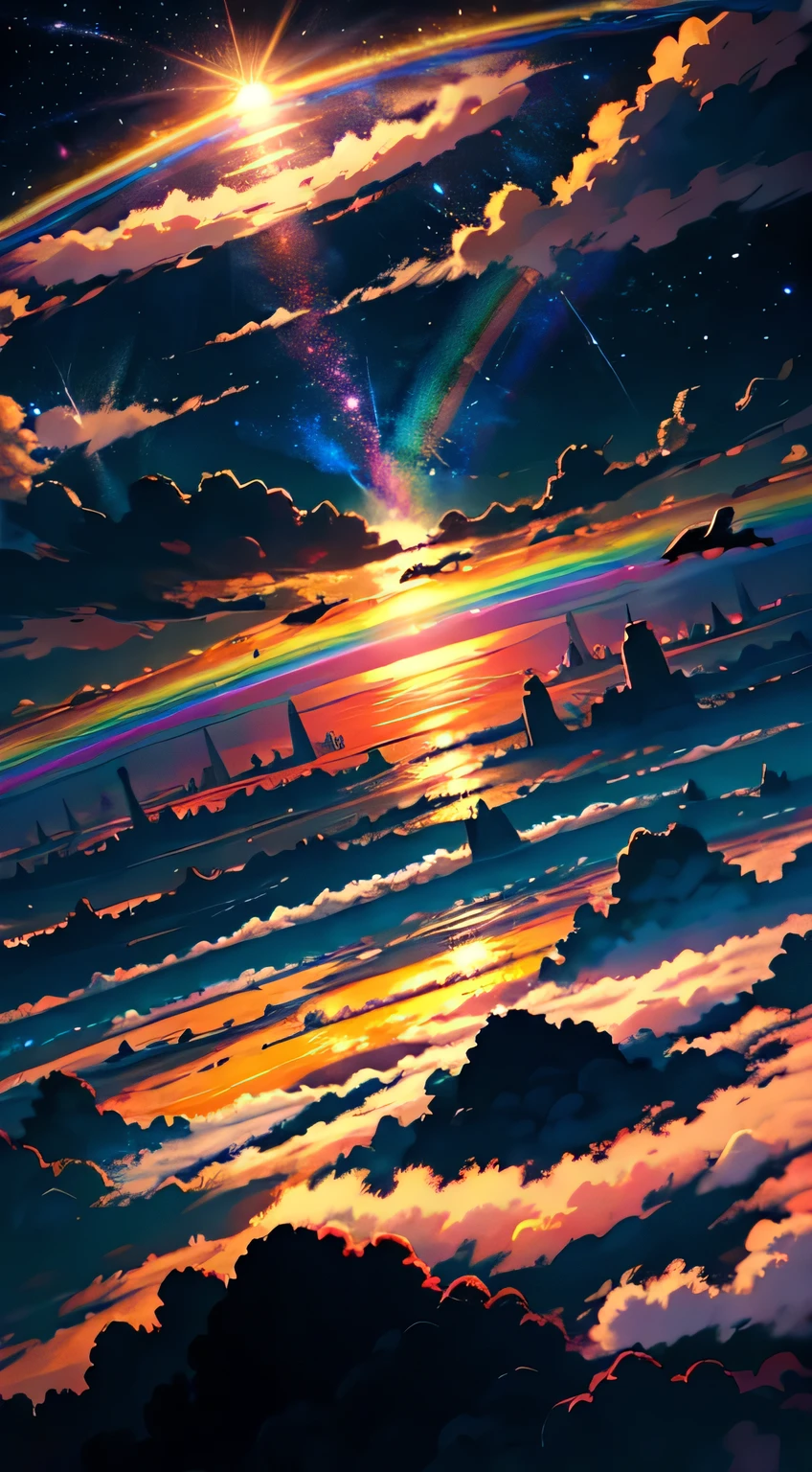 The image depicts a breathtaking otherworldly scenery that is nothing short of magical. It appears to be taken from high above the clouds, as the viewer is presented with a stunning panoramic view of the vast expanse of the sky. The stars twinkle and glimmer, creating a mesmerizing spectacle that is truly awe-inspiring. A colorful rainbow is also visible in the distance, adding a pop of vibrant hues to the otherwise serene and tranquil atmosphere. The sun shines brightly, casting a warm and welcoming glow over the entire scene. Overall, this image is a symphony of colors, light, and beauty that transports the viewer to another world entirely.