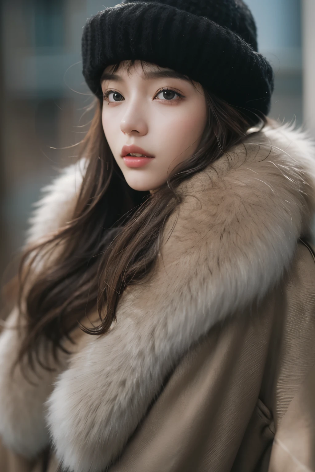 Araped woman wearing fur hat, soft portrait 8k, 8K Art German Bokeh, Stunning young Korean woman, beautiful korean girl, high quality portrait, Beautiful young Korean woman, Korean female fashion model, beautiful girl model, Julia Razumova style, Dil&#39;rabah Dilmurat, Realistic portraits