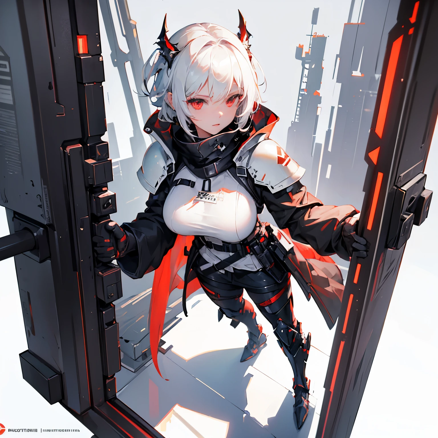 ((best quality)), ((masterpiece)), (detailed), perfect face, white hair, wear tactical futuristic armor, big breast, arknights style, full body, red eyes, short messy hair, white background