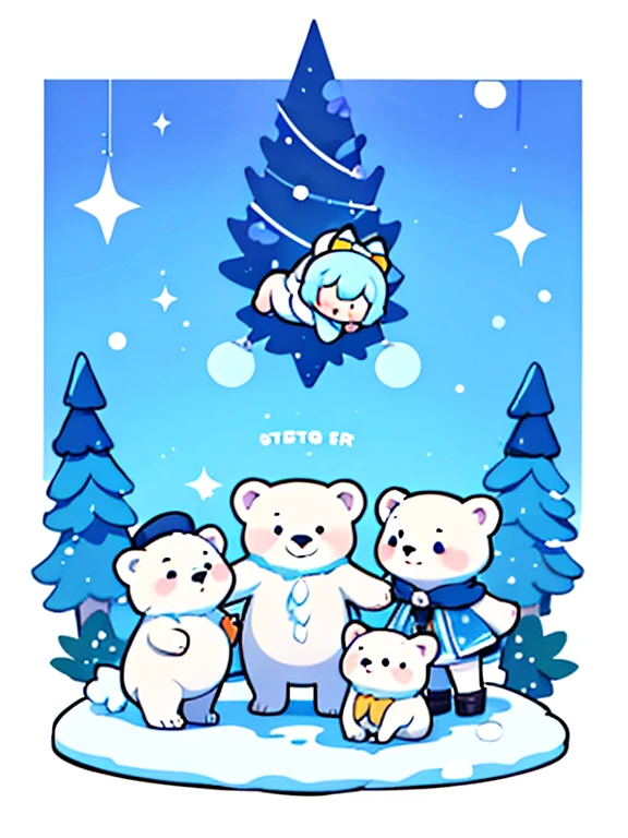 Polaris y sus amigos osos polares juegan en la nieve.。 apariencia:Cabello azul claro hasta los hombros,pupilas azul oscuro,vestido de azul,Mix in some warm pink。Oso polar con cuerpo blanco peludo.。,hielo - talla。 escena:Gran nieve,Polaris is playing with a group of cute polar bear friends.。they build snowmen、guerra de nieve,Risas alegres resonaron en la nieve y el hielo.。