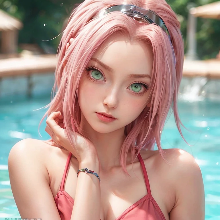 young woman, short shoulder-length pink hair, wide forehead, porcelain skin, pink eyebrows, big emerald green eyes, buttoned nose, full lips, heart-shaped face, slender body, small breasts, red tank top, Sakura Haruno , realistic, realism, details, 3d, well detailed
