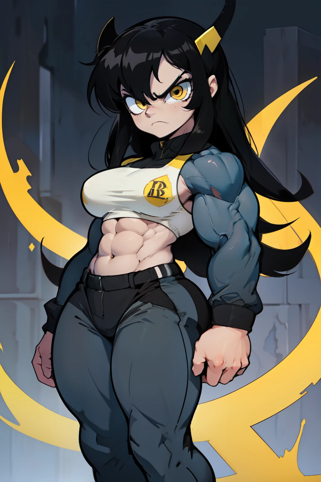 angry ((((1girl)))) (((bodybuilder))) pale skin black hair very long hair yellow eyes