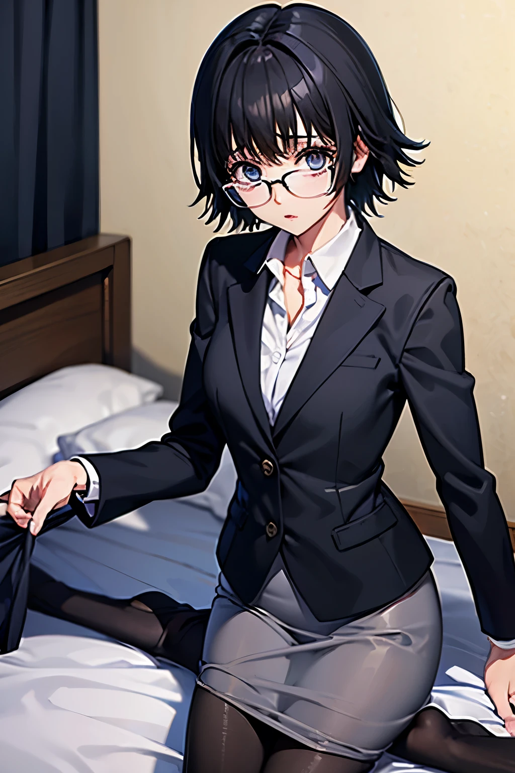 Shizuku、Hunter x Hunter、Black Hair、Short Hair、((pantyhose))、Photo from below、Medium chest、Bedroom、In a suit、Glasses