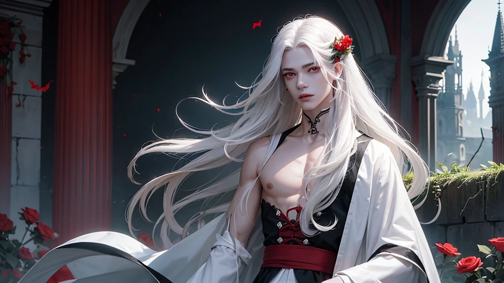 Young man, 1 man, effeminate face, long wavy white hair, black clothes, red eyes, white flowers and red flowers, modern clothing, really pale white skin, greenery, ruin, bat, abandoned place, IT'S NIGHT, BLOOD, blood on the lips, two moons, dark, darkness, beautiful, whole body, ruined castle, ruined building, faint glimmer of light, detailed face, detailed hair, detailed eyes, vampire, ONE PERSON.