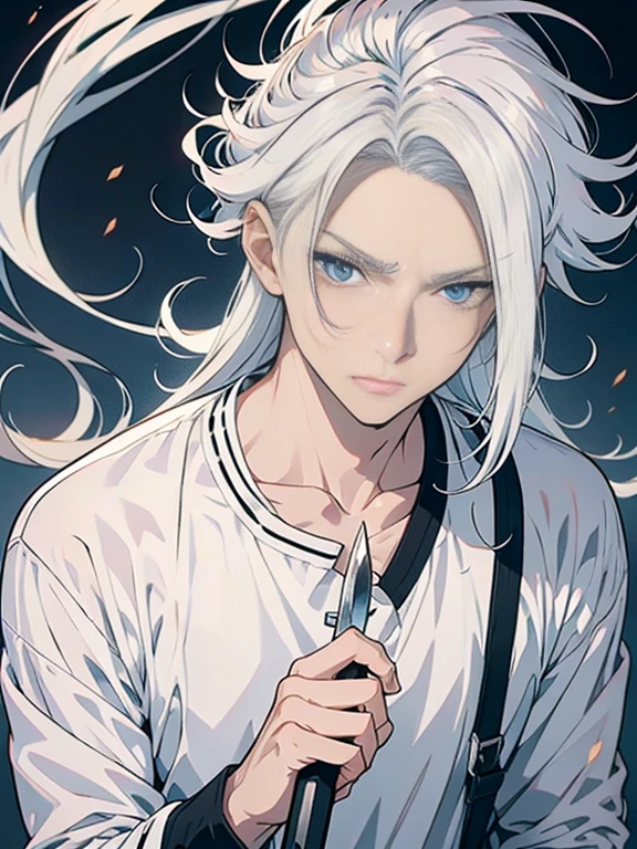 Stylistic image of a man with white hair and a knife,cabelo branco,cabelo branco,ele tem cabelos grisalhos escuros,deus de cabelos brancos,cara de anime alto com olhos azuielhores animes 4k,cabelo prateado,Estilo anime madnesale de cabelos prateados,whaite hair,whaite hair,messy wavy white hair,Raposa de cabelos brancos,scalpel in hand