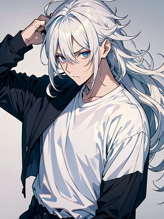 Stylistic image of a man with white hair and a knife，cabelo branco，cabelo branco，ele tem cabelos grisalhos escuros，deus de cabelos brancos，cara de anime alto com olhos azuielhores animes 4k，cabelo prateado，Estilo anime madnesale de cabelos prateados，whaite hair，whaite hair，messy wavy white hair，Raposa de cabelos brancos，scalpel in hand