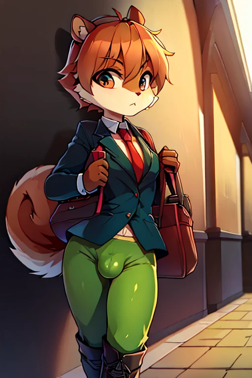 boy, squirrel, furry, bodyfur, blazer, bottomless, green tights, gloves, boots, school, school bag, bulge