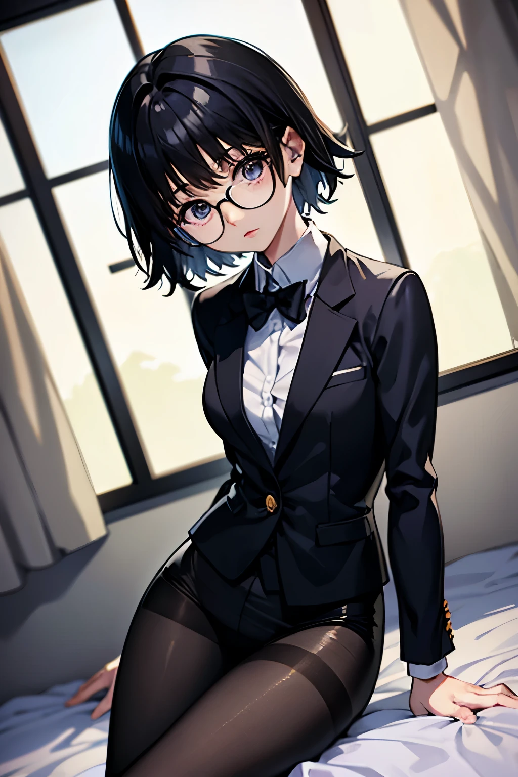 Shizuku、Hunter x Hunter、Black Hair、Short Hair、((pantyhose))、Photo from below、Medium chest、Bedroom、In a suit、Glasses