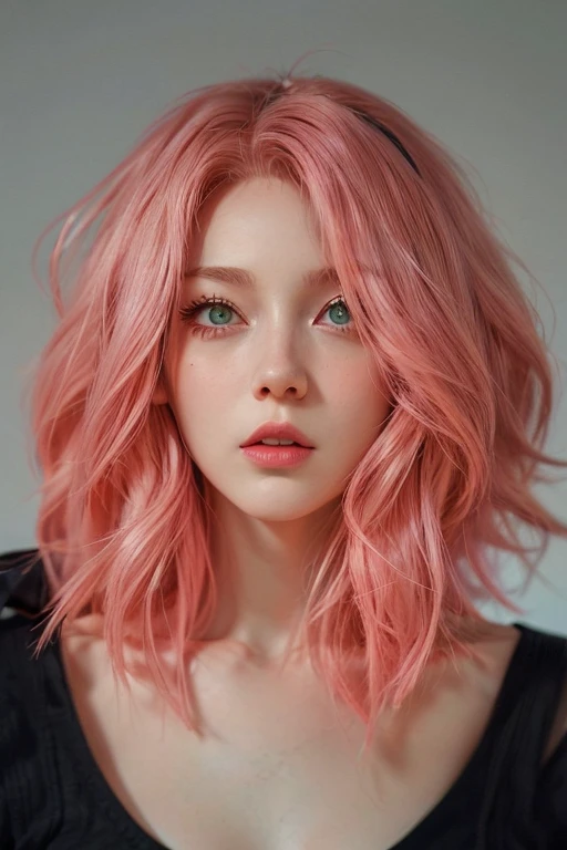 young woman, short shoulder-length pink hair, wide forehead, porcelain skin, pink eyebrows, big emerald green eyes, buttoned nose, full lips, heart-shaped face, slender body, small breasts, red tank top, Sakura Haruno , realistic, realism, details, 3d, well detailed