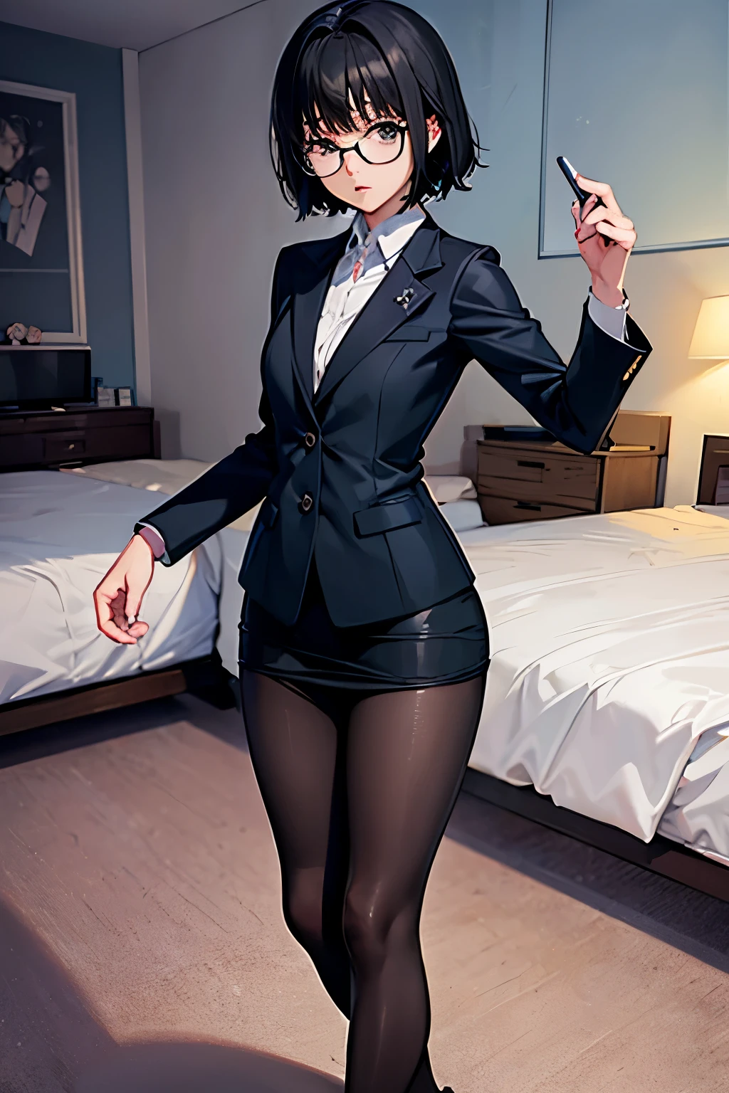 Shizuku、Hunter x Hunter、Black Hair、Short Hair、((pantyhose))、Photo from below、Medium chest、Bedroom、In a suit、Glasses