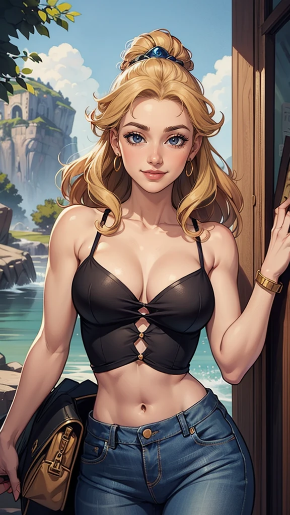mulher de 35 anos, very long blonde hair down to the waist and half curly with bangs, seios pequenos, olhos grandes com um brilho apaixonado, olhos verdes mel, Um lindo sorriso, vestindo uma camiseta preta longa com um terno feminino verde e jeans, in a serious and sweet comic-style pose, alta qualidadePersonagem mulher estilo atompunk Fiona rainha Anna de Arendelle com marcas de guerras Imagem de desenho animado de uma mulher .Ilustra??o estilo desenho animado, estilo de arte dos desenhos animados, estilo de arte dos desenhos animados, digital illustration style, estilo atompunk design de personagens altamente detalhado, arte digital detalhada coragem, Forest fan art, Design de personagens de retrato, beautiful digital illustration, retrato de alta qualidade, Arte em quadrinhos, mulher jovem cabelo com transas lindas . Queen Anna of ArendelleBeautiful lined eyes Medium large bust and wonderful sexy clothes. image expression of sexual desire from waist to head illustration Queen Anne of Arendelle atompunk style Fallout 4 style pose playboy magazine sensual witch Character cartoon style facial expression happy beautiful smile and six medium small portrait mode waist up with lots of gold around her other stones portrait precious mode waist up queen of the south Jennifer Connelly GTA scenery dominatrix gold coins chest with jewelry with her boyfriend, um homem com barba preta, armado com um estilo militar,