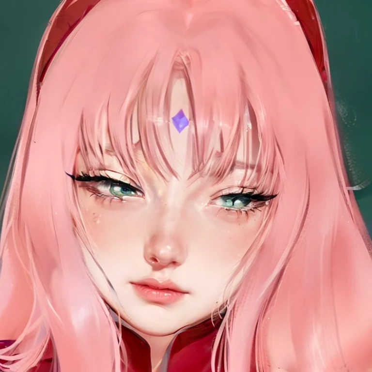 young woman, short shoulder-length pink hair, wide forehead, porcelain skin, pink eyebrows, big emerald green eyes, buttoned nose, full lips, heart-shaped face, slender body, small breasts, red tank top, Sakura Haruno , realistic, realism, details, 3d, well detailed
