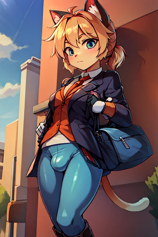 boy, cat, furry, bodyfur, blazer, bottomless, blue tights, gloves, boots, school, school bag, bulge