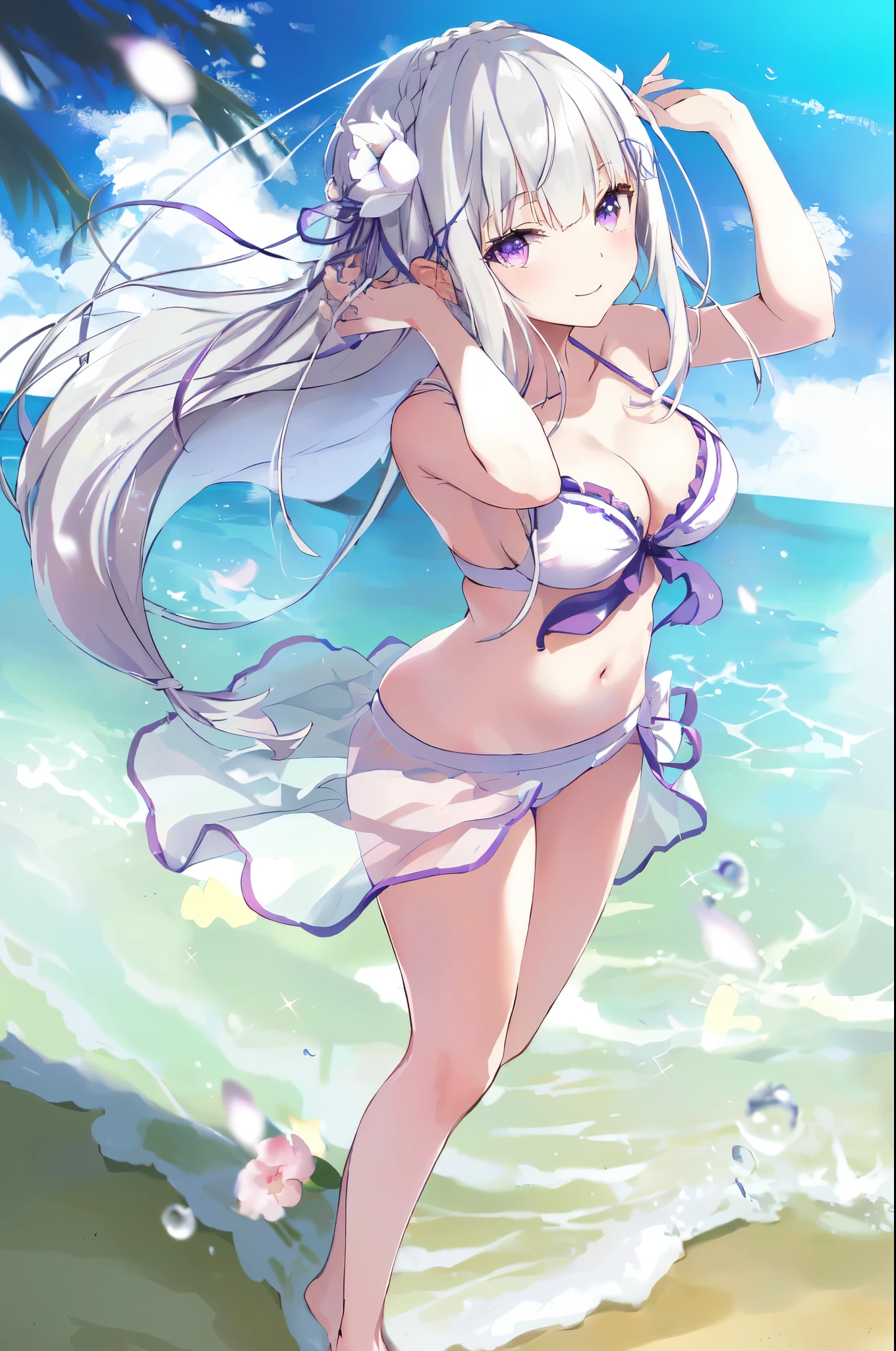 Emilia re:zero, purple eyes, Emilia, crown braid, x hair ornament, flower hair ornament, white hair, long hair, medium breasts, anime girl in a bikini on the beach with a palm tree, in the beach, at the beach, , splash art anime , white haired deity, seductive anime girl, at a beach, azur lane style, at the sea, perfect white haired girl, , white haired, zerochan art, beautiful anime girl, swimsuit