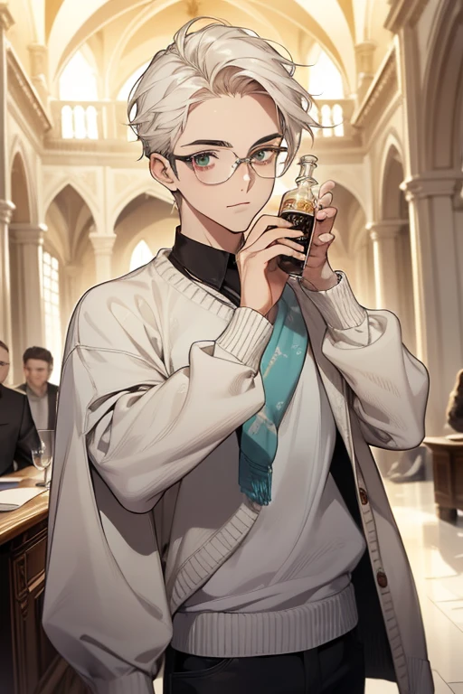 ((obra de arte, mais alta qualidade)), rosto detalhado, 1 menino, rapaz jovem, white sweater, olhos turquesa, (((Maximum quality))), cabelo curto, Shaved whiskey,Cospe, cabelo de cor branca, stylish glasses
