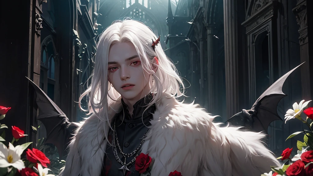 Young man, slightly effeminate face, short wavy white hair, dark clothing, red eyes, white and red flowers, modern clothing, really pale white skin, greenery, ruin, bat, abandoned place, IT'S NIGHT, it's dark, it's NIGHT, BLOOD, blood on the lips, two moons, dark, darkness, beautiful, whole body, ruined castle, ruined building, faint glimmer of light, detailed face, detailed hair, detailed eyes, vampire, ONE CHARACTER.