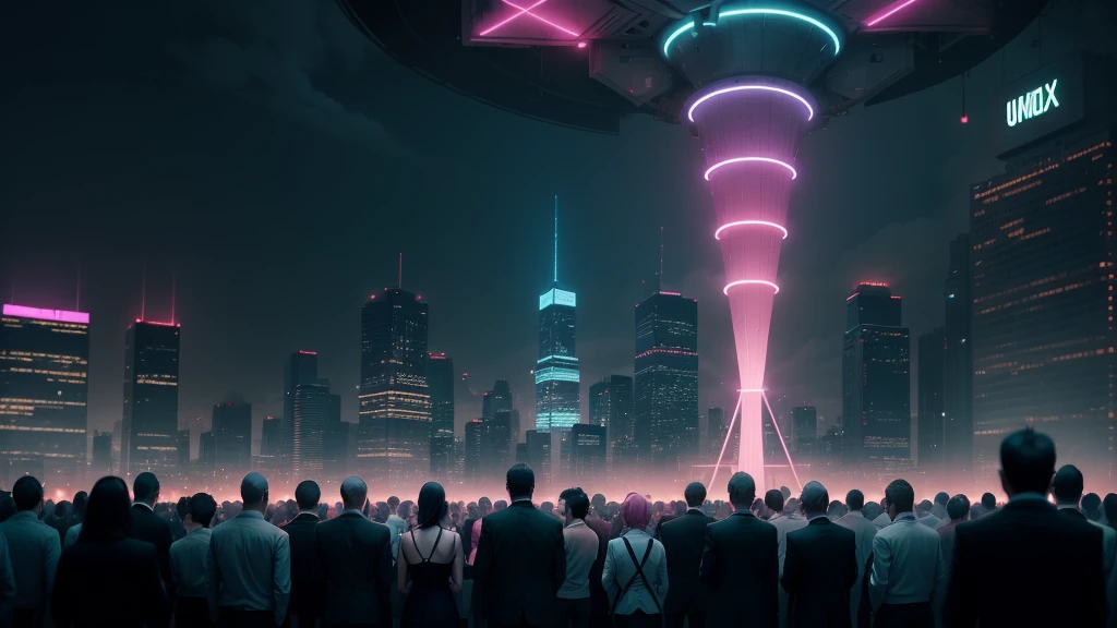 In the pulsating heart of the bustling city, a towering neon sign illuminates the night sky. The sign, in vivid hues of pink, blue, and green, is shaped like a majestic stock exchange candle chart. Its waxing and waning peaks and valleys flicker and dance, reflecting the ever-changing tides of the financial market. Beneath it, the crowd moves as one, a mass of determined figures, each armed with charts, calculators, and the unyielding hope for profit. The atmosphere is electric with anticipation and the faint, yet persistent, hum of negotiations can be heard all around. The neon candle chart stands as a beacon of opportunity,
