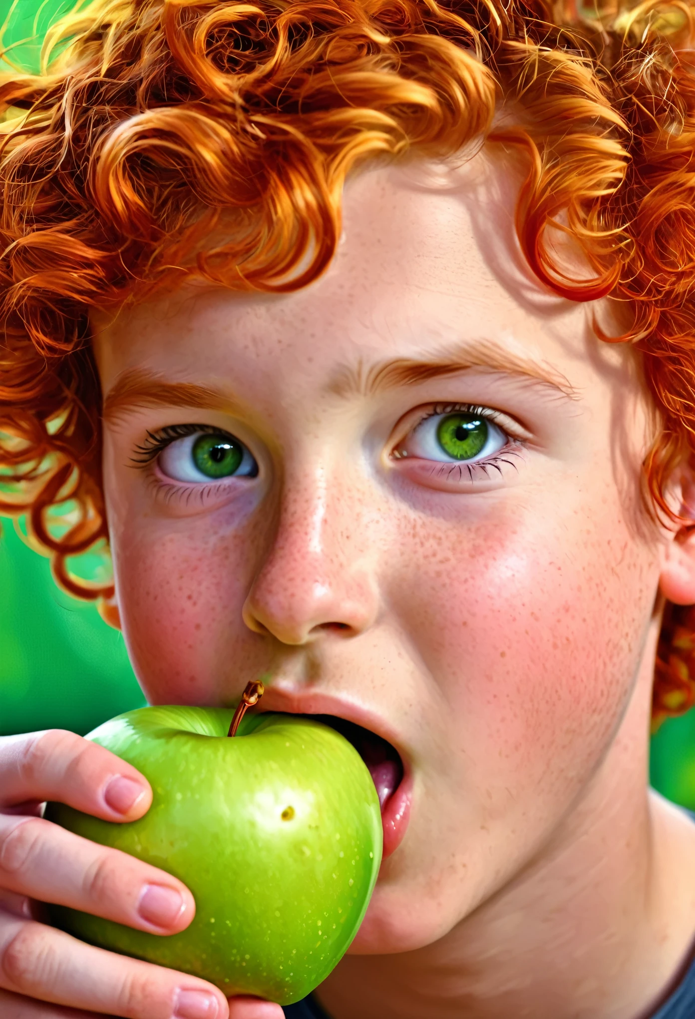 (highres:1.2),(realistic:1.37),a boy with curly red hair,green eyes and a small nose eating an apple,illustration,detailed eyes and face,vibrant colors,playful atmosphere