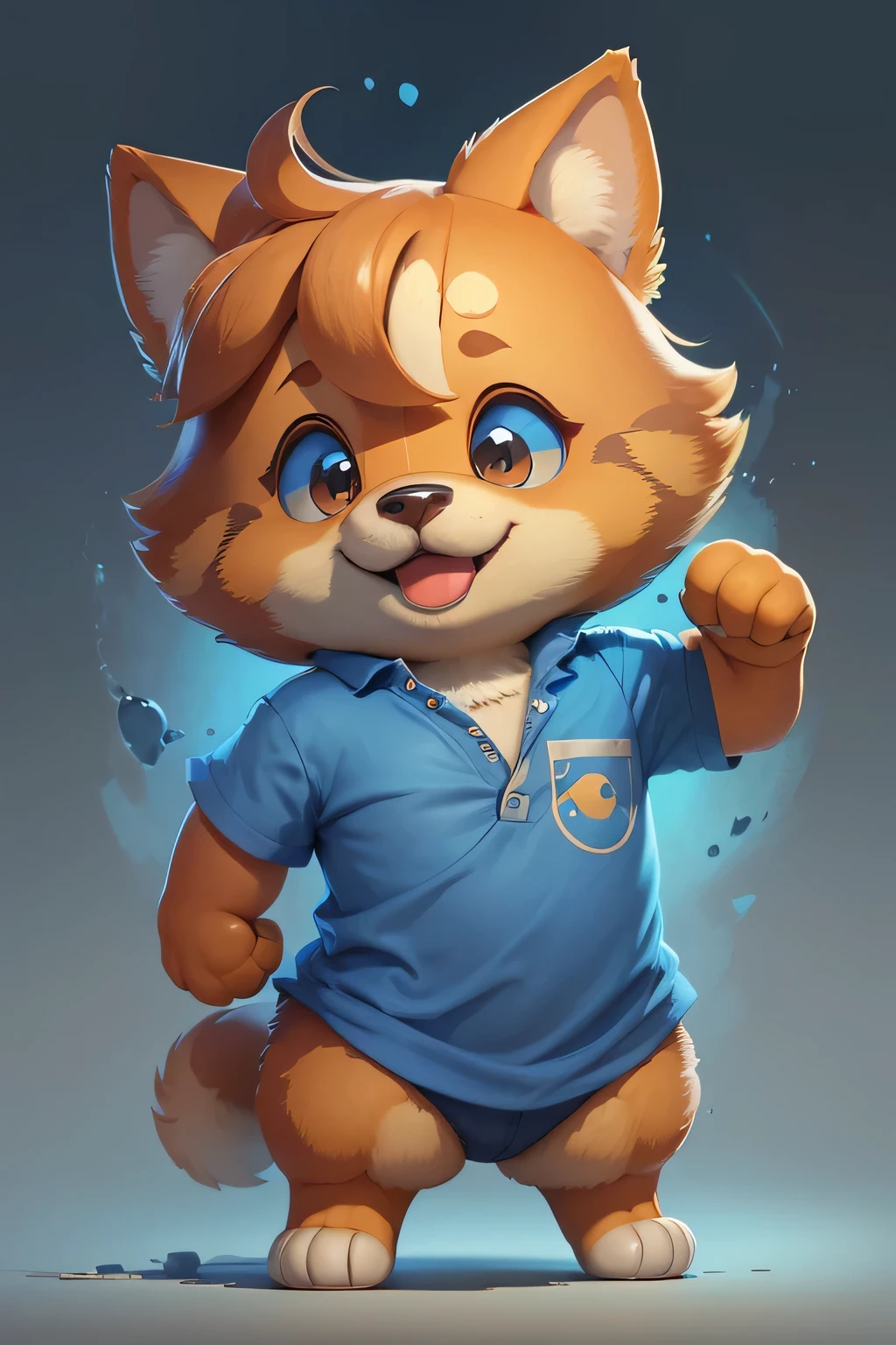 caramel dog alone, standing in a blue shirt, almond eyes, smiling, white background, disney pixer style, high quality